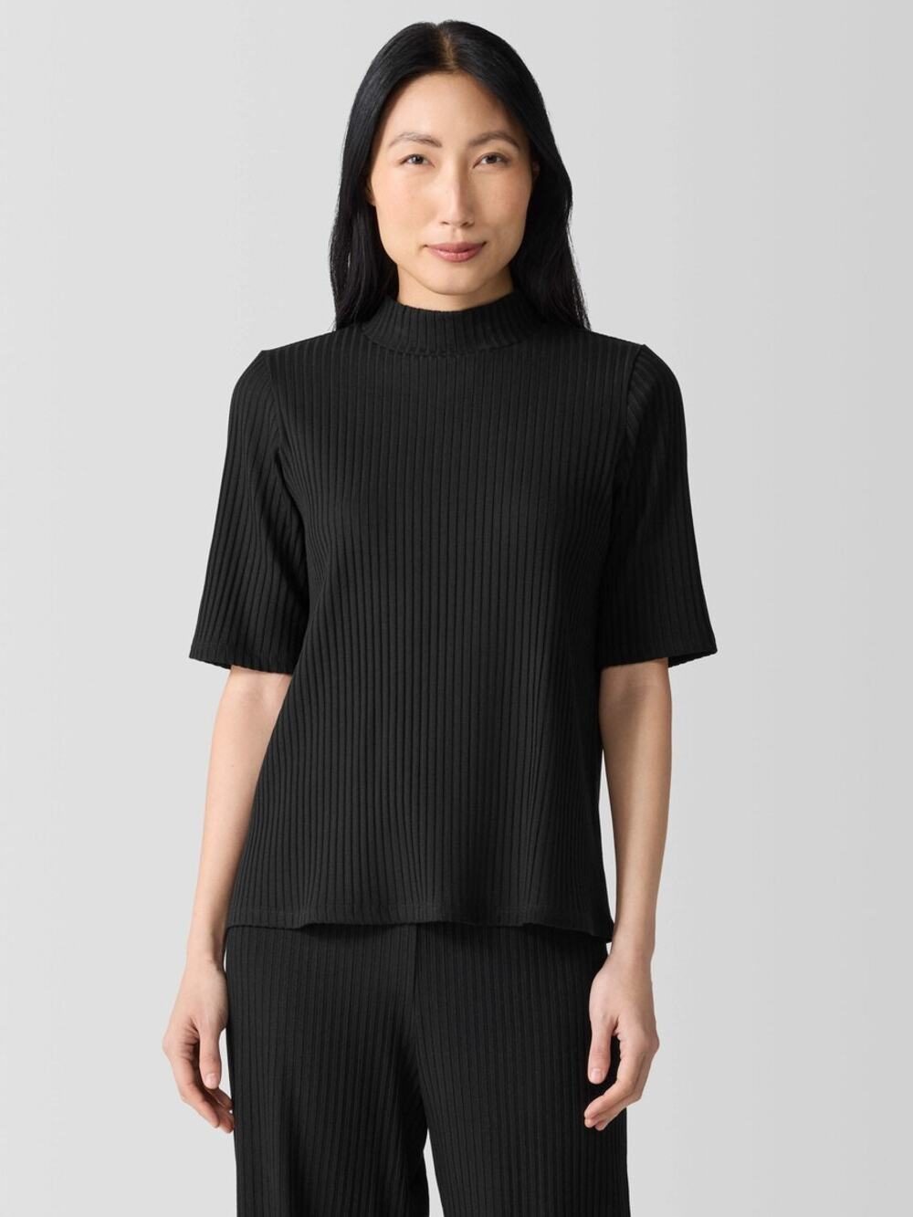 Eileen Fisher Textured Top Mock Neck Ribbed Casual Minimalist Work Preppy Fall S